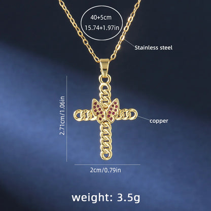 201 Stainless Steel Copper Gold Plated Retro Commute Plating Cross Zircon Pendant Necklace