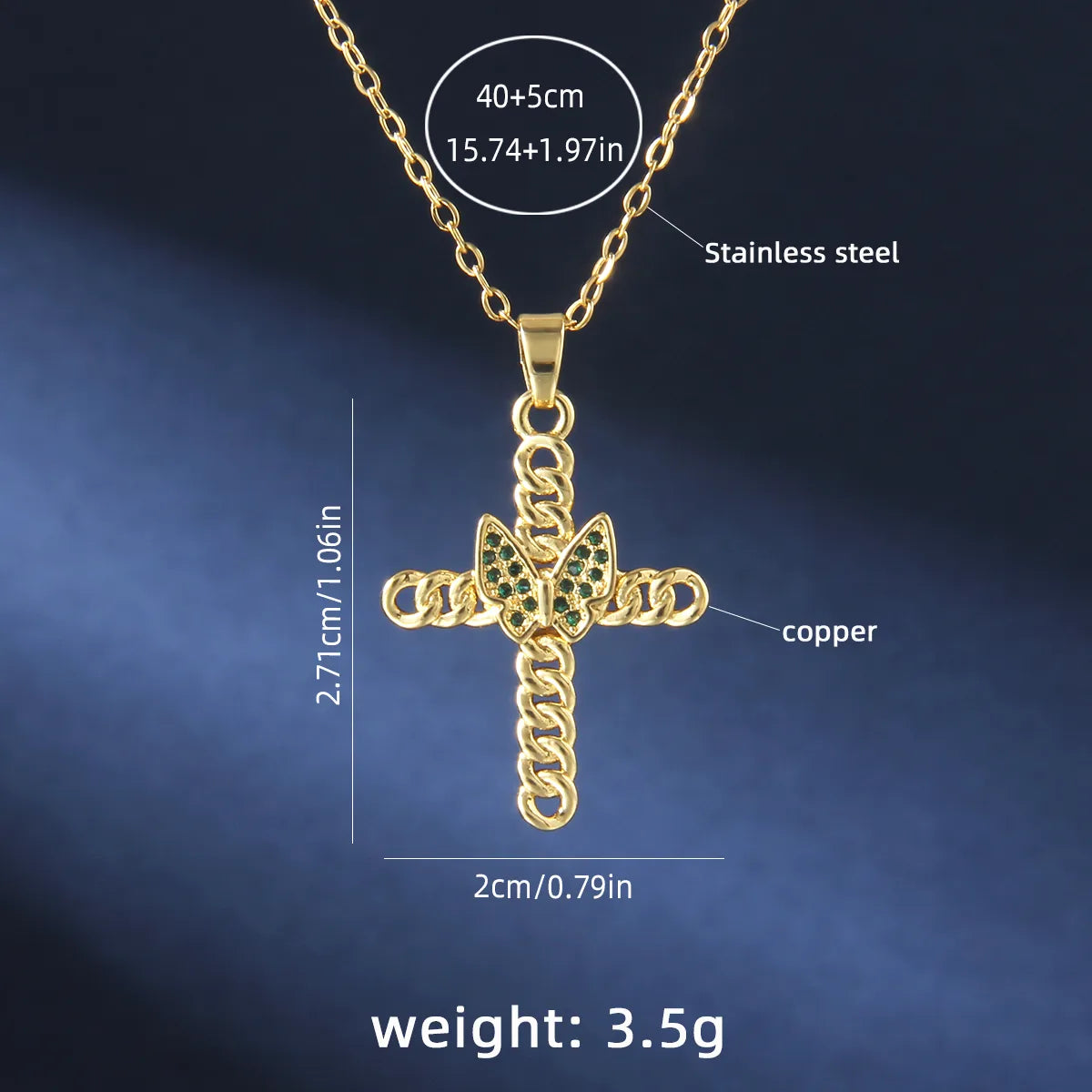 201 Stainless Steel Copper Gold Plated Retro Commute Plating Cross Zircon Pendant Necklace