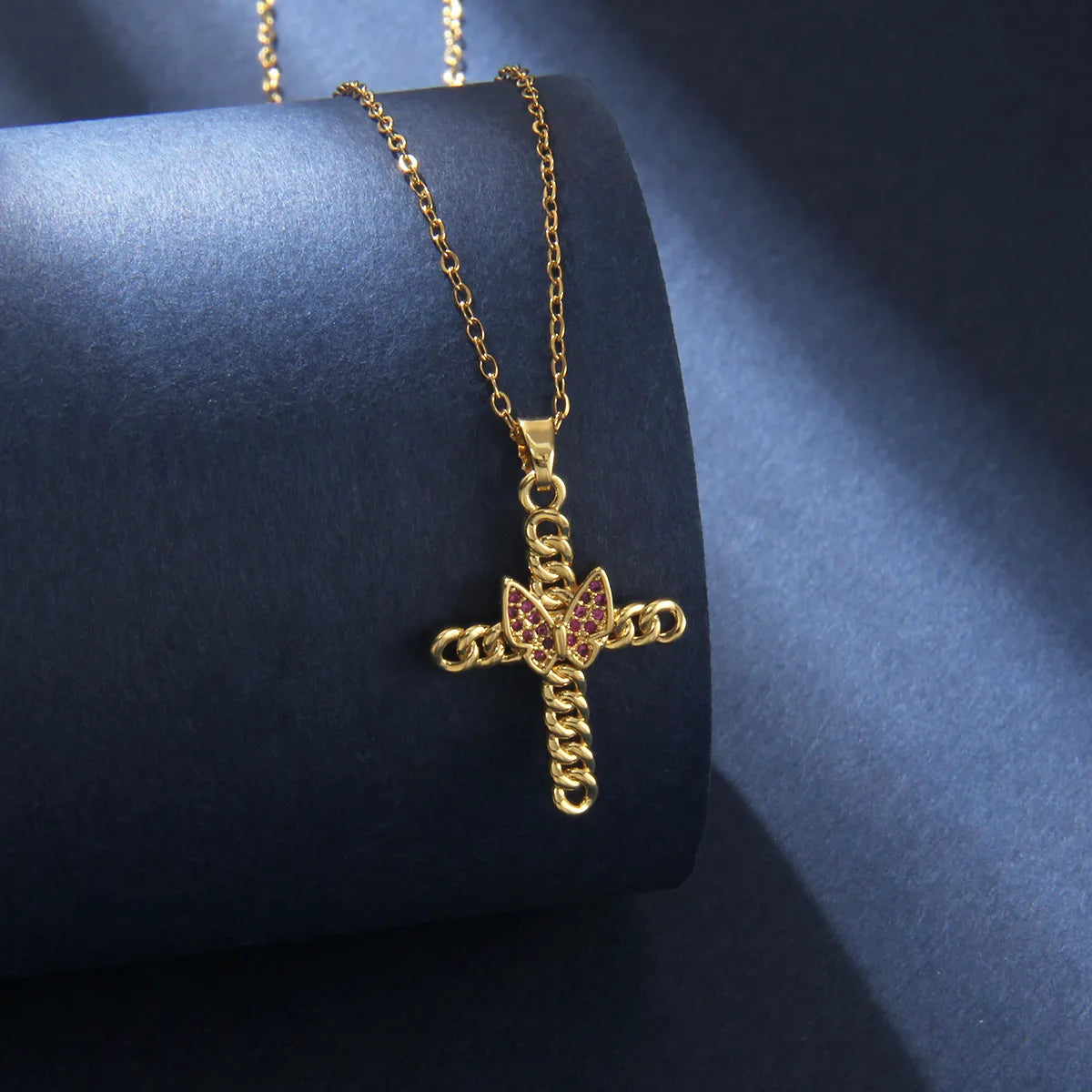 201 Stainless Steel Copper Gold Plated Retro Commute Plating Cross Zircon Pendant Necklace