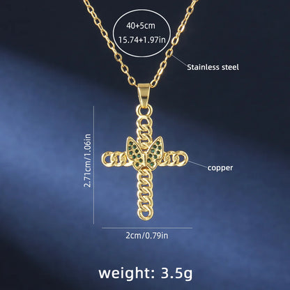 201 Stainless Steel Copper Gold Plated Retro Commute Plating Cross Zircon Pendant Necklace