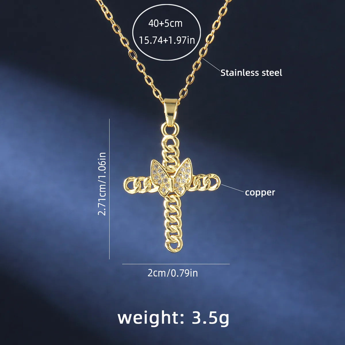 201 Stainless Steel Copper Gold Plated Retro Commute Plating Cross Zircon Pendant Necklace