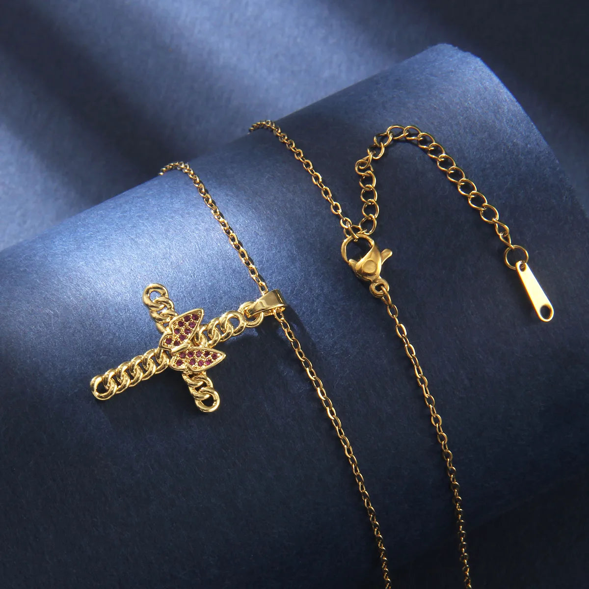 201 Stainless Steel Copper Gold Plated Retro Commute Plating Cross Zircon Pendant Necklace