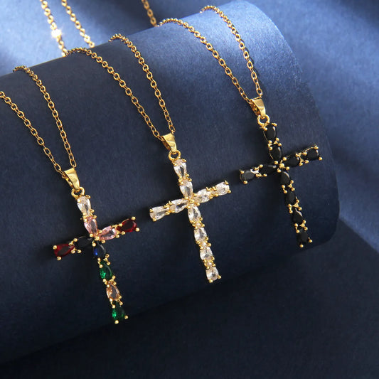 201 Stainless Steel Copper Gold Plated Retro Luxurious Commute Inlay Cross Zircon Pendant Necklace