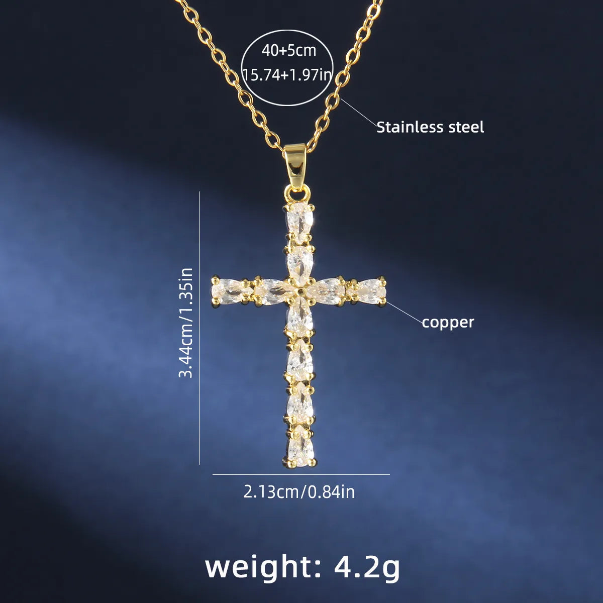 201 Stainless Steel Copper Gold Plated Retro Luxurious Commute Inlay Cross Zircon Pendant Necklace