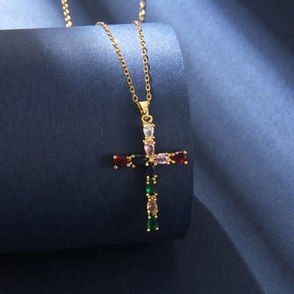 201 Stainless Steel Copper Gold Plated Retro Luxurious Commute Inlay Cross Zircon Pendant Necklace