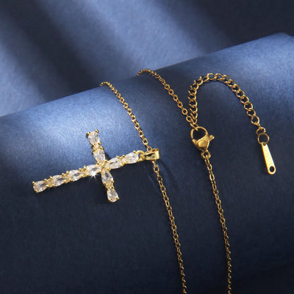 201 Stainless Steel Copper Gold Plated Retro Luxurious Commute Inlay Cross Zircon Pendant Necklace