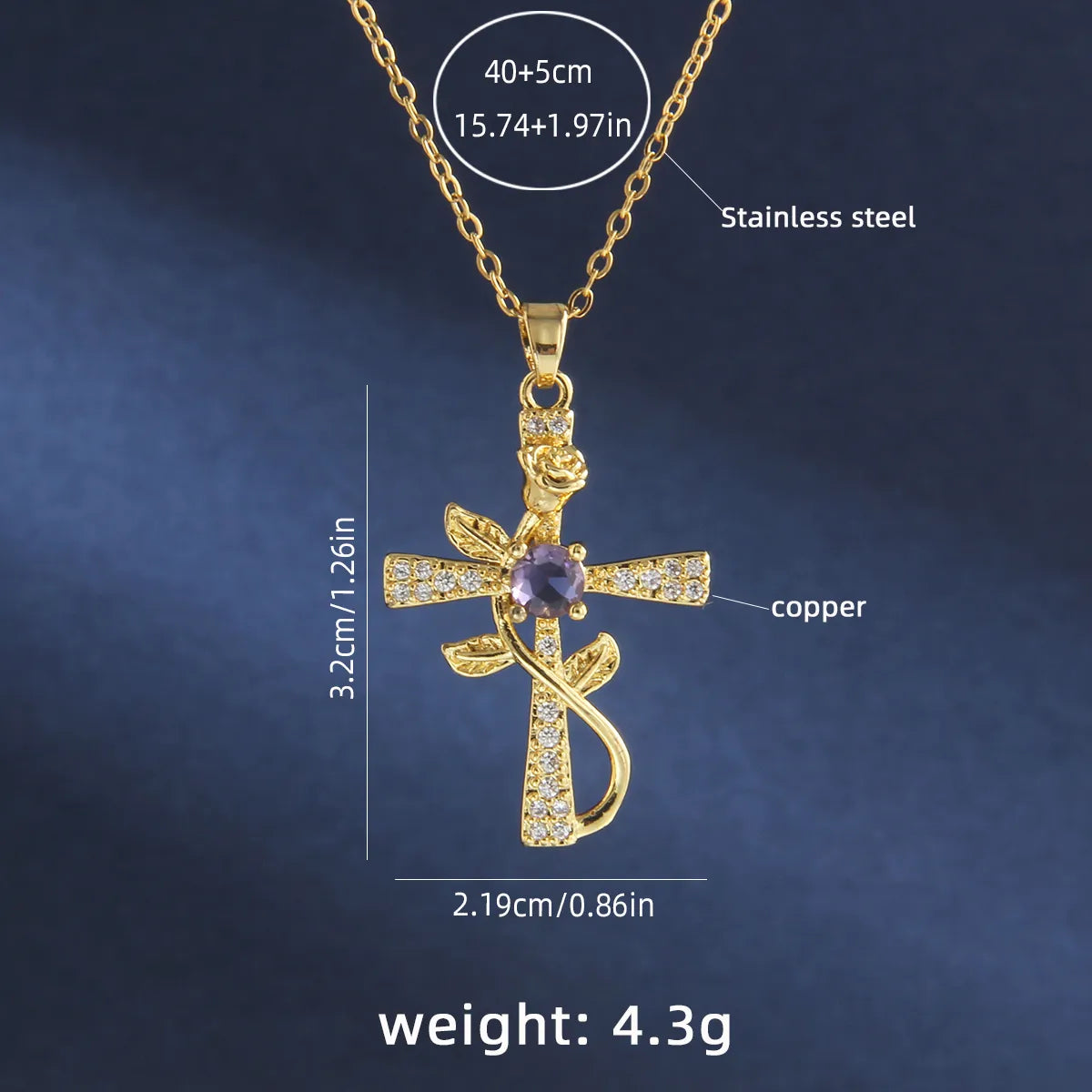 201 Stainless Steel Copper Gold Plated Retro Simple Style Plating Inlay Cross Rose Zircon Pendant Necklace