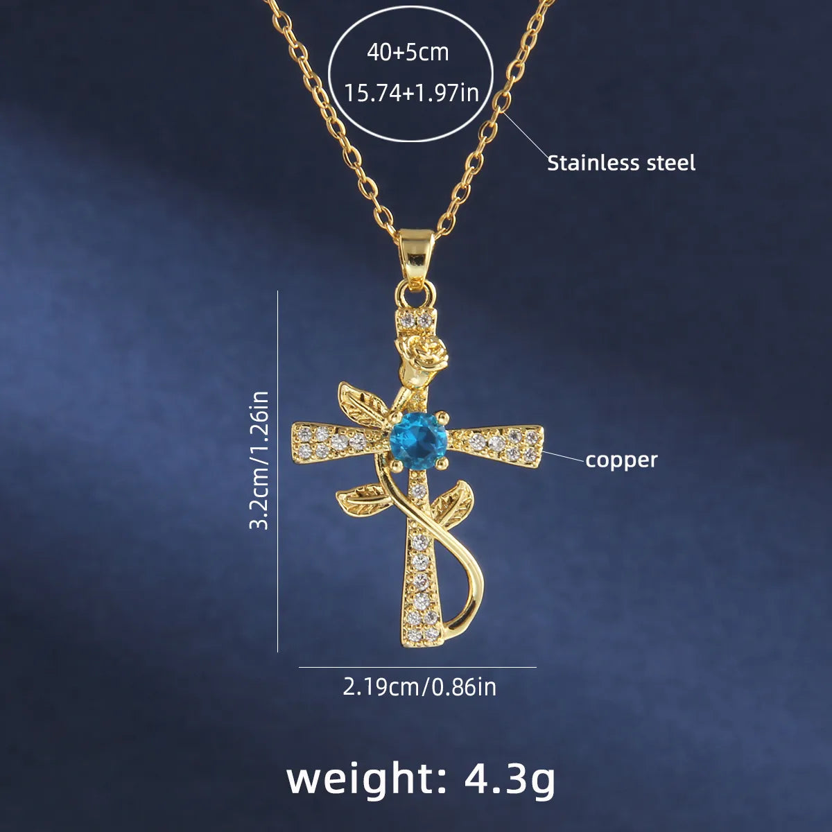 201 Stainless Steel Copper Gold Plated Retro Simple Style Plating Inlay Cross Rose Zircon Pendant Necklace