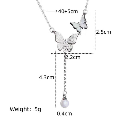 201 Stainless Steel Copper Silver Plated Plating Inlay Butterfly Artificial Pearls Zircon Pendant Necklace