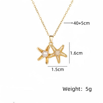 201 Stainless Steel Copper White Gold Plated Gold Plated Plating Inlay Starfish Artificial Pearls Zircon Pendant Necklace