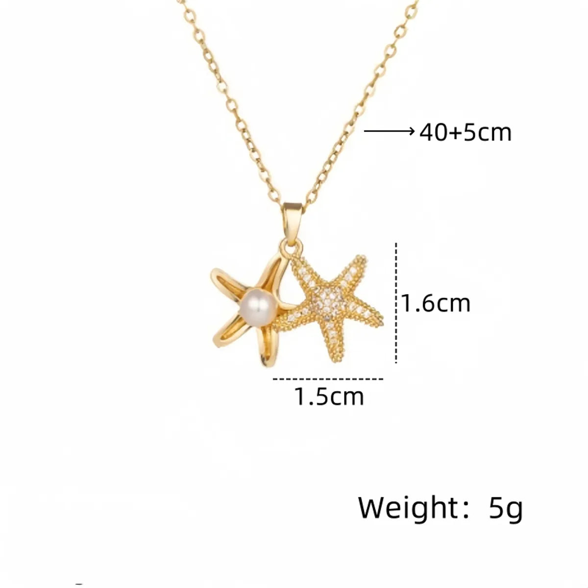 201 Stainless Steel Copper White Gold Plated Gold Plated Plating Inlay Starfish Artificial Pearls Zircon Pendant Necklace