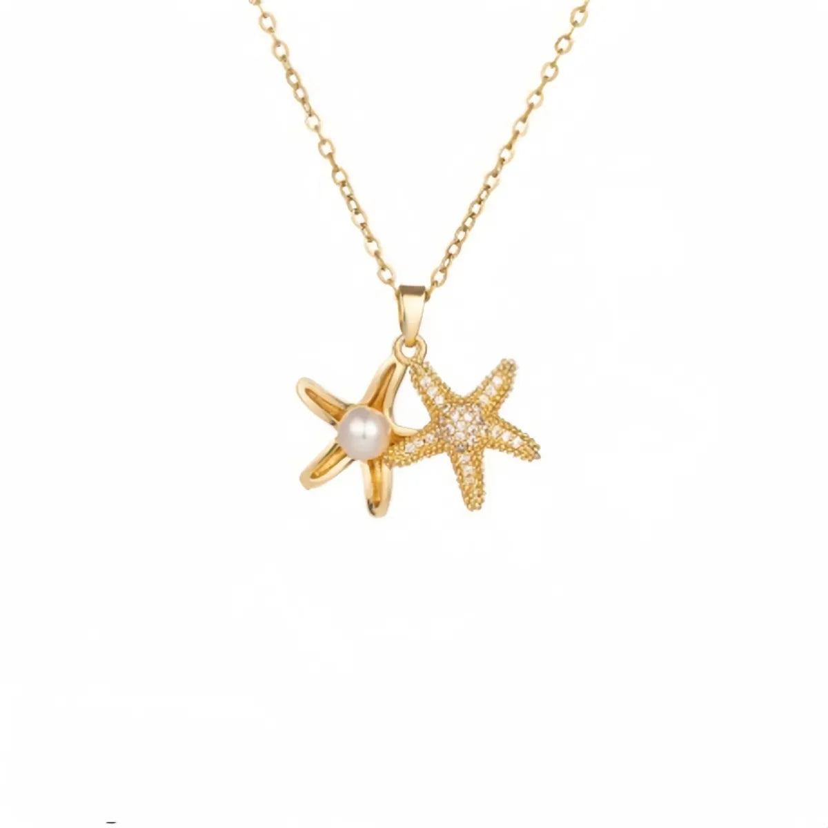 201 Stainless Steel Copper White Gold Plated Gold Plated Plating Inlay Starfish Artificial Pearls Zircon Pendant Necklace