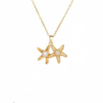 201 Stainless Steel Copper White Gold Plated Gold Plated Plating Inlay Starfish Artificial Pearls Zircon Pendant Necklace