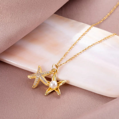 201 Stainless Steel Copper White Gold Plated Gold Plated Plating Inlay Starfish Artificial Pearls Zircon Pendant Necklace