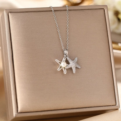 201 Stainless Steel Copper White Gold Plated Gold Plated Plating Inlay Starfish Artificial Pearls Zircon Pendant Necklace