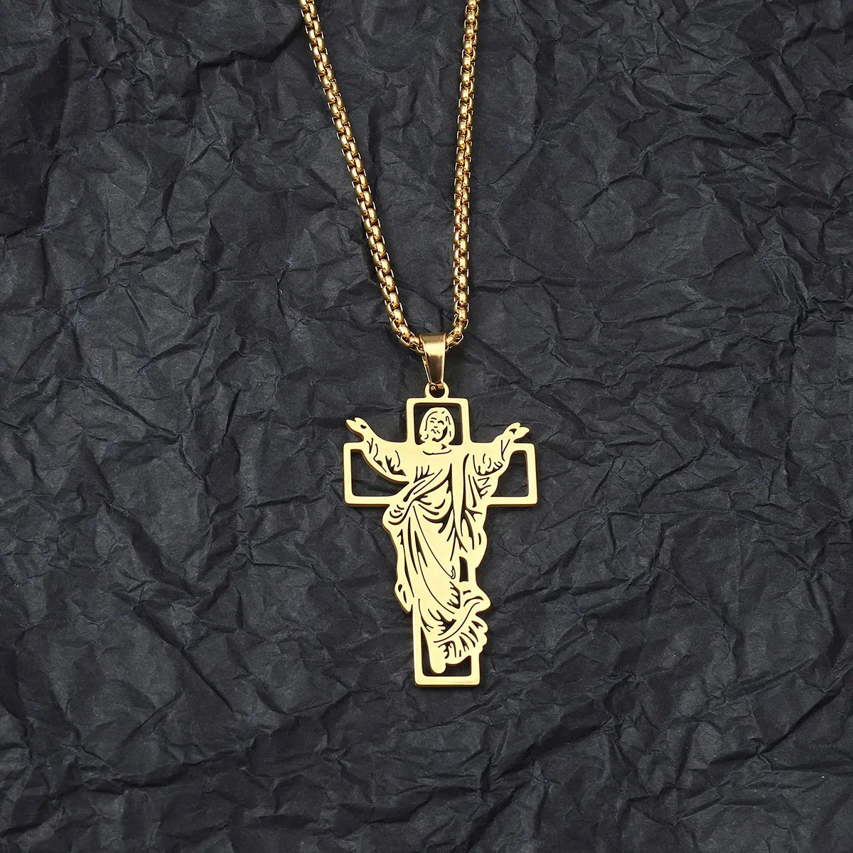 Wholesale Jewelry Hip-Hop Human Cross Tree 201 Stainless Steel 18K Gold Plated Hollow Out Pendant Necklace