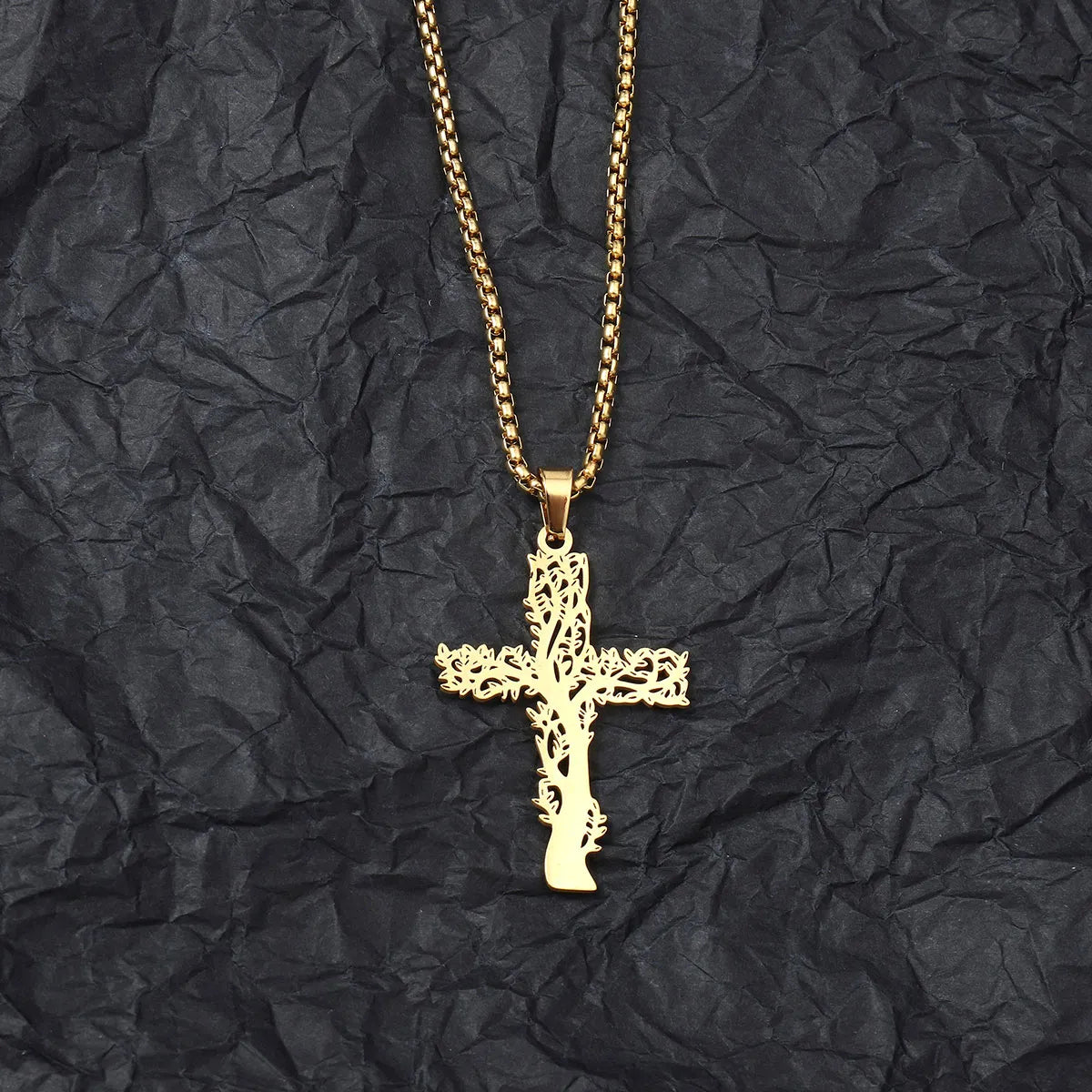 Wholesale Jewelry Hip-Hop Human Cross Tree 201 Stainless Steel 18K Gold Plated Hollow Out Pendant Necklace