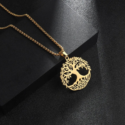 Wholesale Jewelry Hip-Hop Round Life Tree Skull 201 Stainless Steel 18K Gold Plated Hollow Out Pendant Necklace