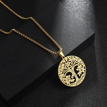 Wholesale Jewelry Hip-Hop Round Life Tree Skull 201 Stainless Steel 18K Gold Plated Hollow Out Pendant Necklace