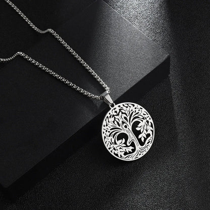 Wholesale Jewelry Hip-Hop Round Life Tree Skull 201 Stainless Steel 18K Gold Plated Hollow Out Pendant Necklace