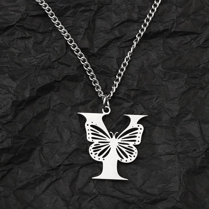 Wholesale Jewelry IG Style Hip-Hop Letter Butterfly 201 Stainless Steel Pendant Necklace