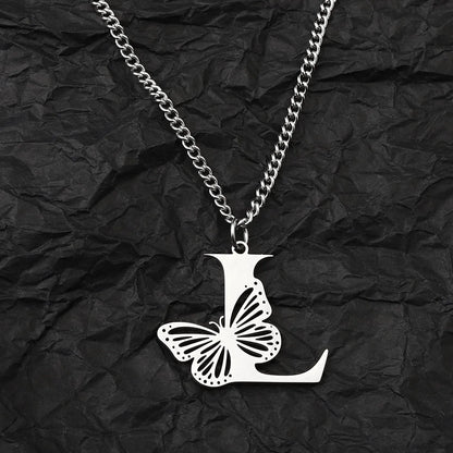 Wholesale Jewelry IG Style Hip-Hop Letter Butterfly 201 Stainless Steel Pendant Necklace