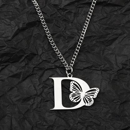 Wholesale Jewelry IG Style Hip-Hop Letter Butterfly 201 Stainless Steel Pendant Necklace