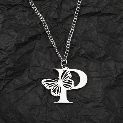 Wholesale Jewelry IG Style Hip-Hop Letter Butterfly 201 Stainless Steel Pendant Necklace