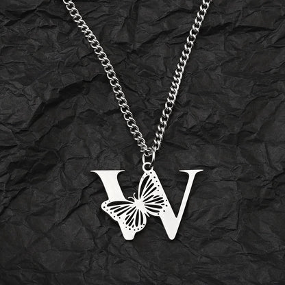 Wholesale Jewelry IG Style Hip-Hop Letter Butterfly 201 Stainless Steel Pendant Necklace