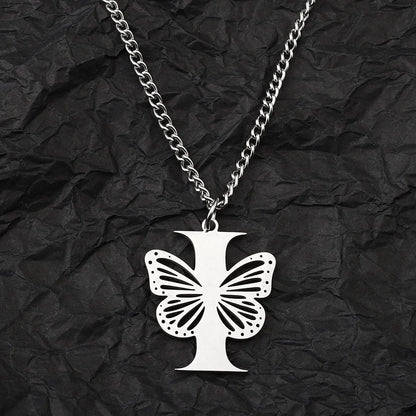 Wholesale Jewelry IG Style Hip-Hop Letter Butterfly 201 Stainless Steel Pendant Necklace