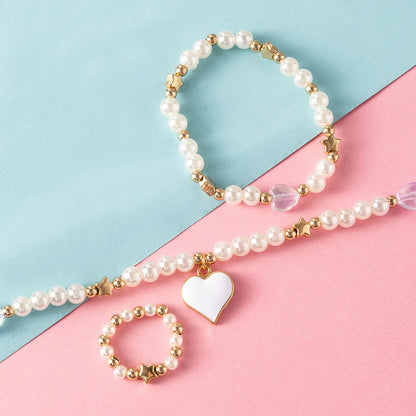 New Fashion Cute Heart Pendant Pearl Bead Necklace Ring Bracelet Children's Jewelry 3-piece Set