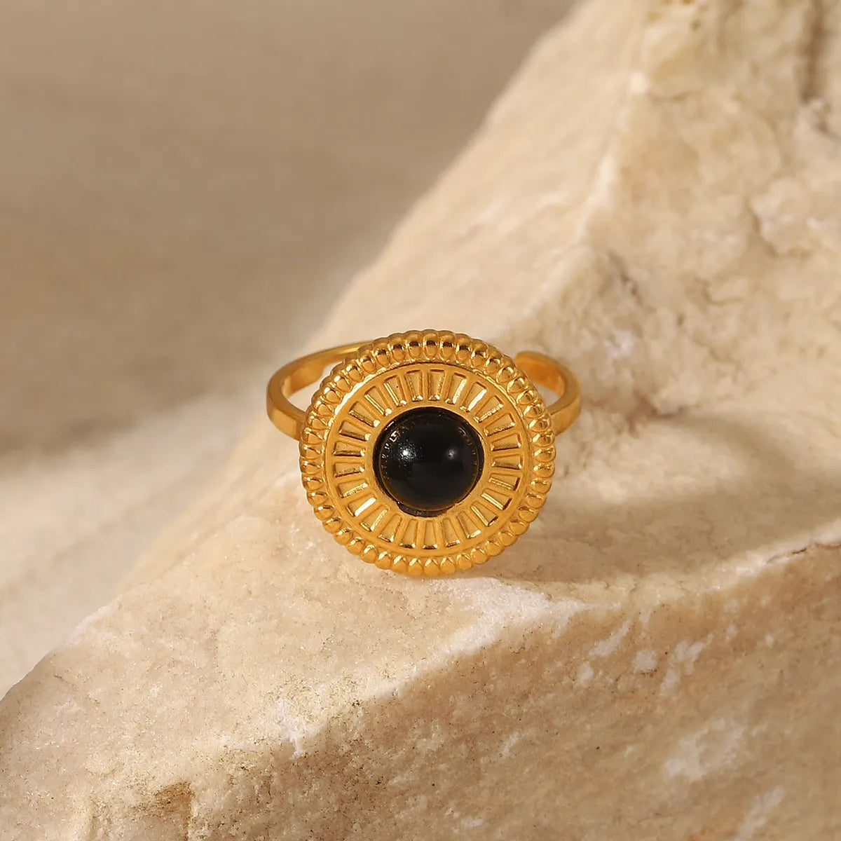 New Stainless Steel Black Semi-precious Stone Adjustable Ring