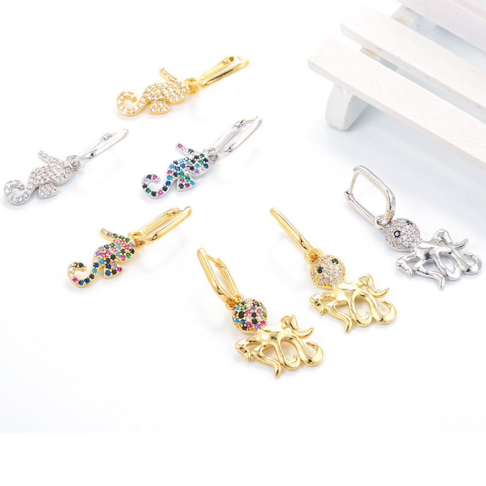 European And American New Accessories Cartoon Animal Lock Earrings Female Hollow Butterfly Full Rhinestone Zircon Eardrop Earring Wholesale