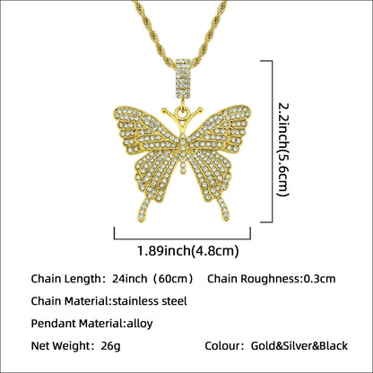 Simple Trendy Full Diamond Butterfly Pendant Necklace