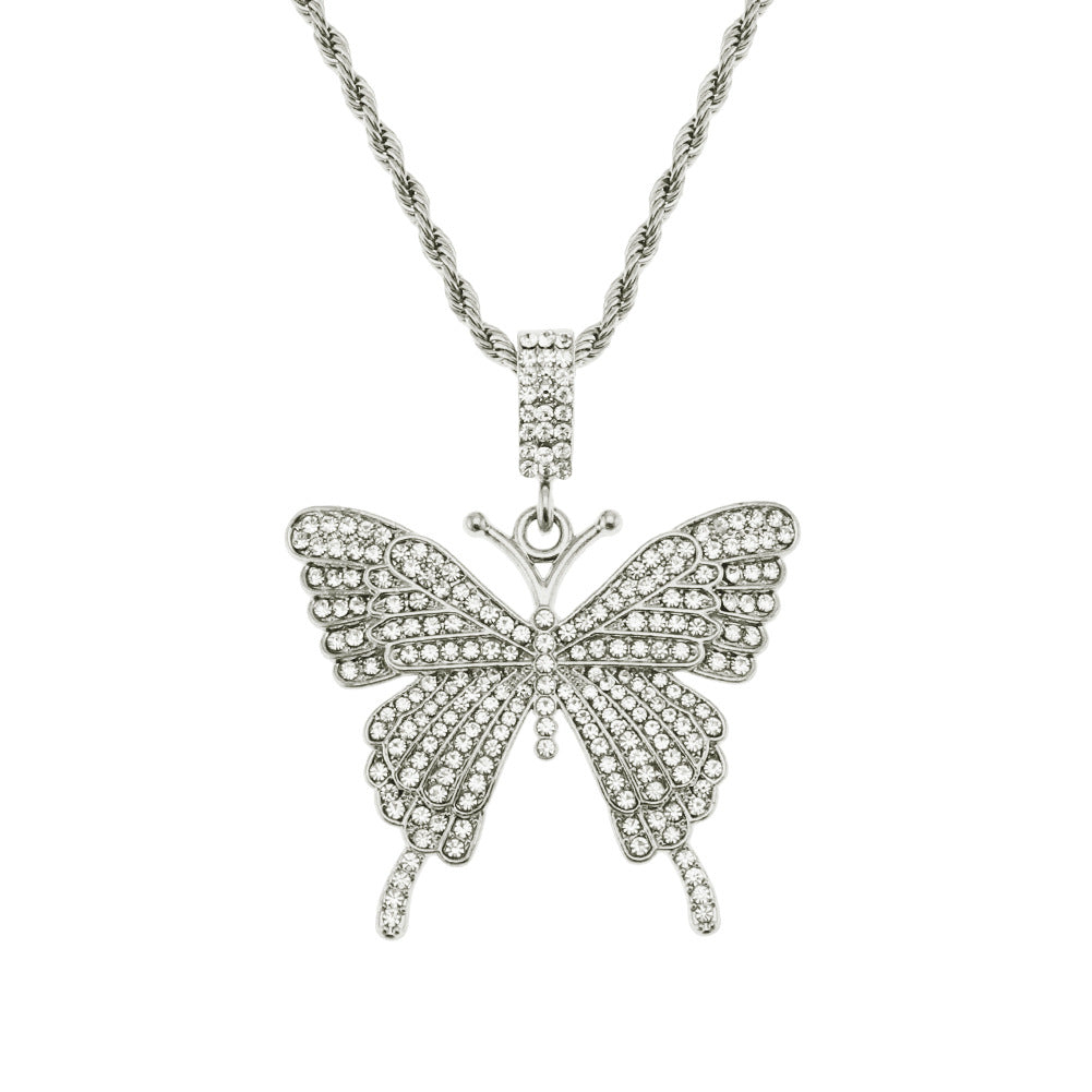 Simple Trendy Full Diamond Butterfly Pendant Necklace