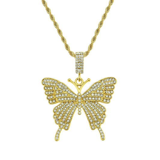 Simple Trendy Full Diamond Butterfly Pendant Necklace