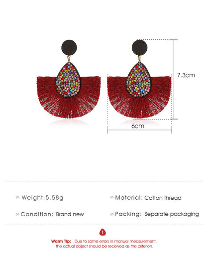 New Retro Exaggerated Colored Diamond Bohemian Creative Fan-shaped Tassel Earrings Wholesale