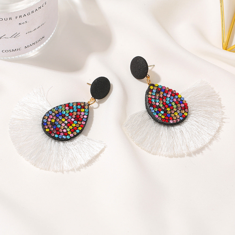 New Retro Exaggerated Colored Diamond Bohemian Creative Fan-shaped Tassel Earrings Wholesale