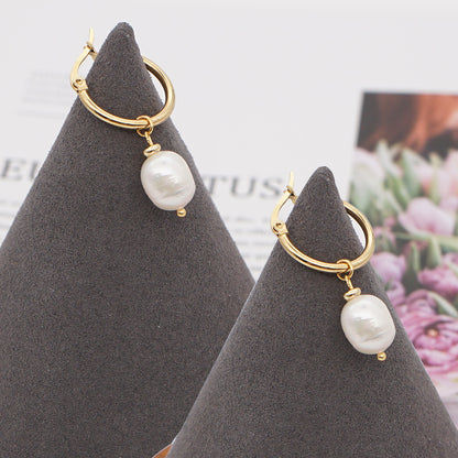 1 Pair Fashion Ethnic Style Stainless Steel Freshwater Pearl Hoop Earrings Drop Earrings