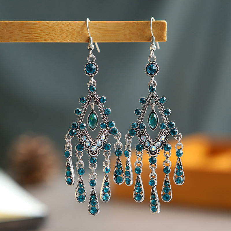 1 Pair Ethnic Style Water Droplets Tassel Alloy Tassel Rhinestones Women's Chandelier Earrings