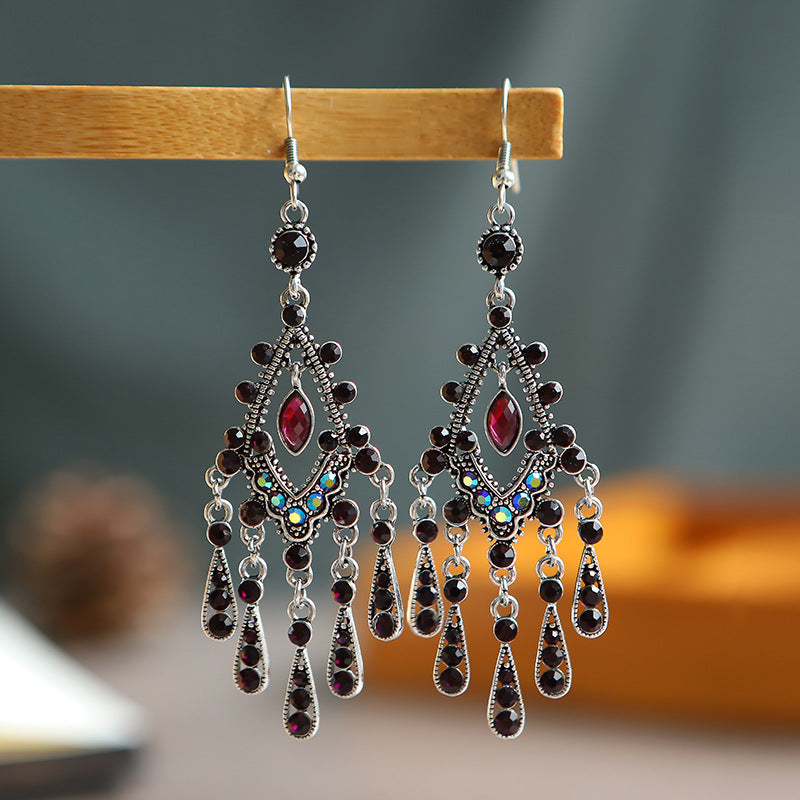 1 Pair Ethnic Style Water Droplets Tassel Alloy Tassel Rhinestones Women's Chandelier Earrings