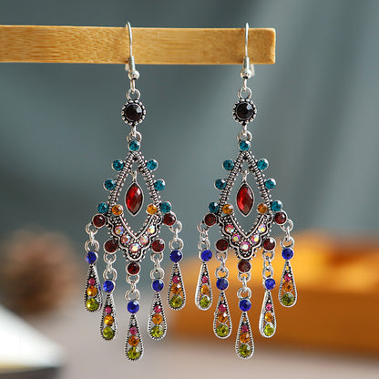 1 Pair Ethnic Style Water Droplets Tassel Alloy Tassel Rhinestones Women's Chandelier Earrings