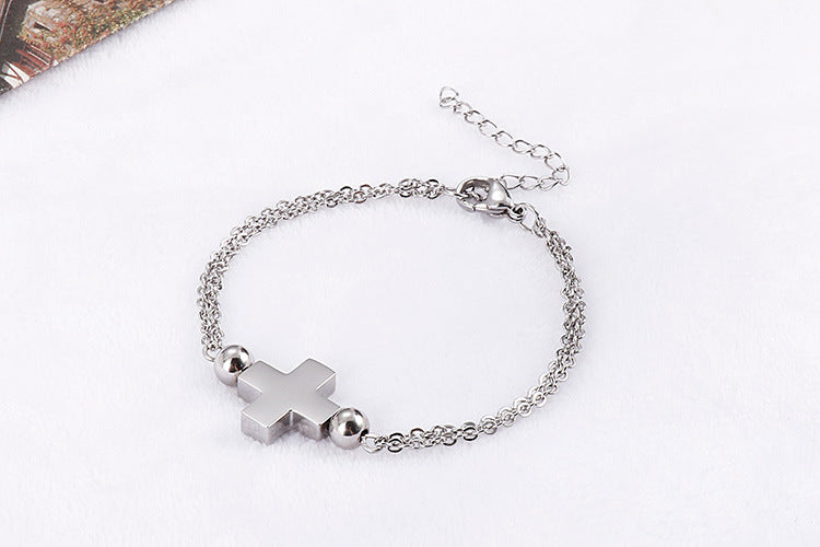 Stainless Steel Cross Double Layer Necklace Bracelet Jewelry Set