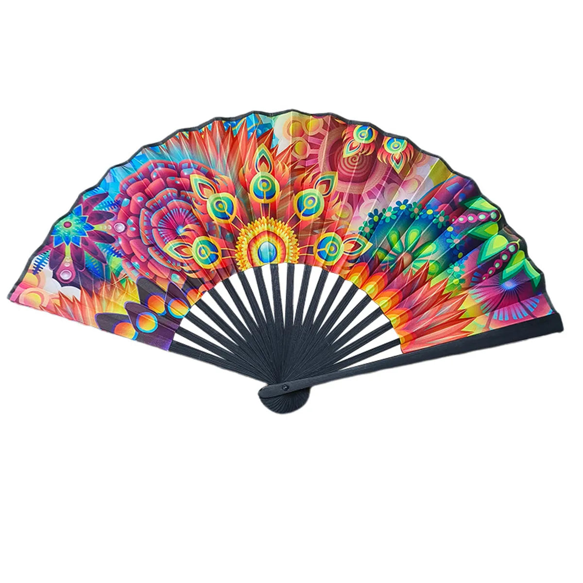 23cm Black Straight Bone National Style Satin Fan Rainbow Series Abstract Painting Style Folding Fan Classic Ancient Style Small Folding Fan