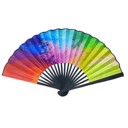 23cm Black Straight Bone National Style Satin Fan Rainbow Series Abstract Painting Style Folding Fan Classic Ancient Style Small Folding Fan