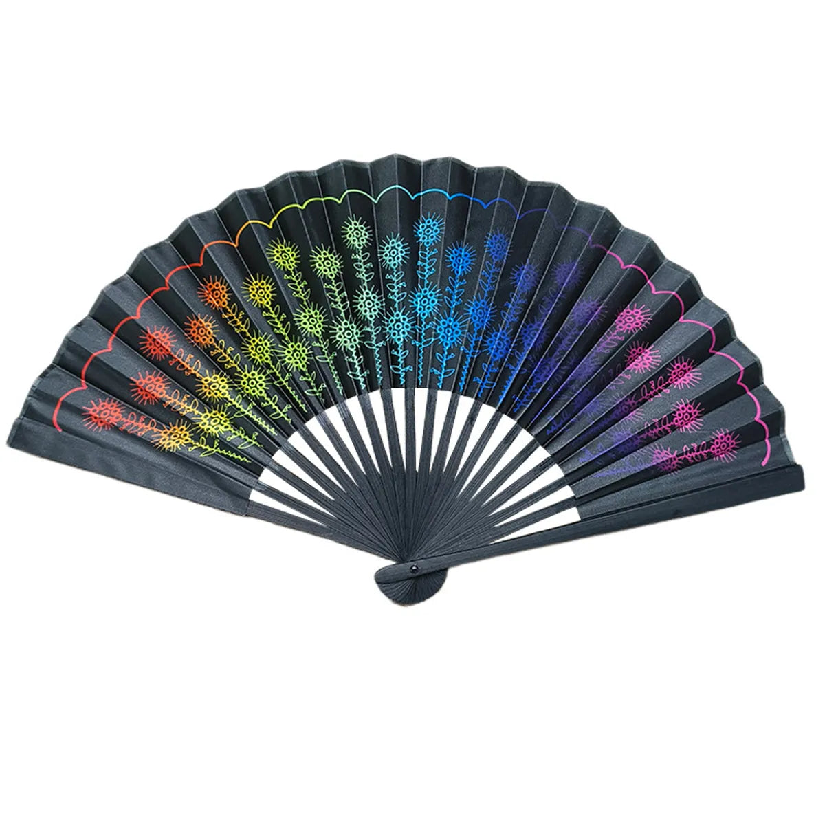 23cm Black Straight Bone National Style Satin Fan Rainbow Series Abstract Painting Style Folding Fan Classic Ancient Style Small Folding Fan