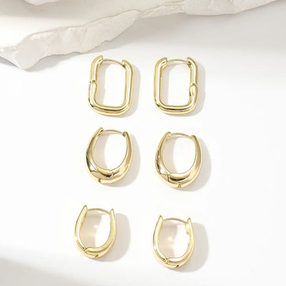 3 Pairs Basic Round Square Plating Copper Gold Plated Hoop Earrings