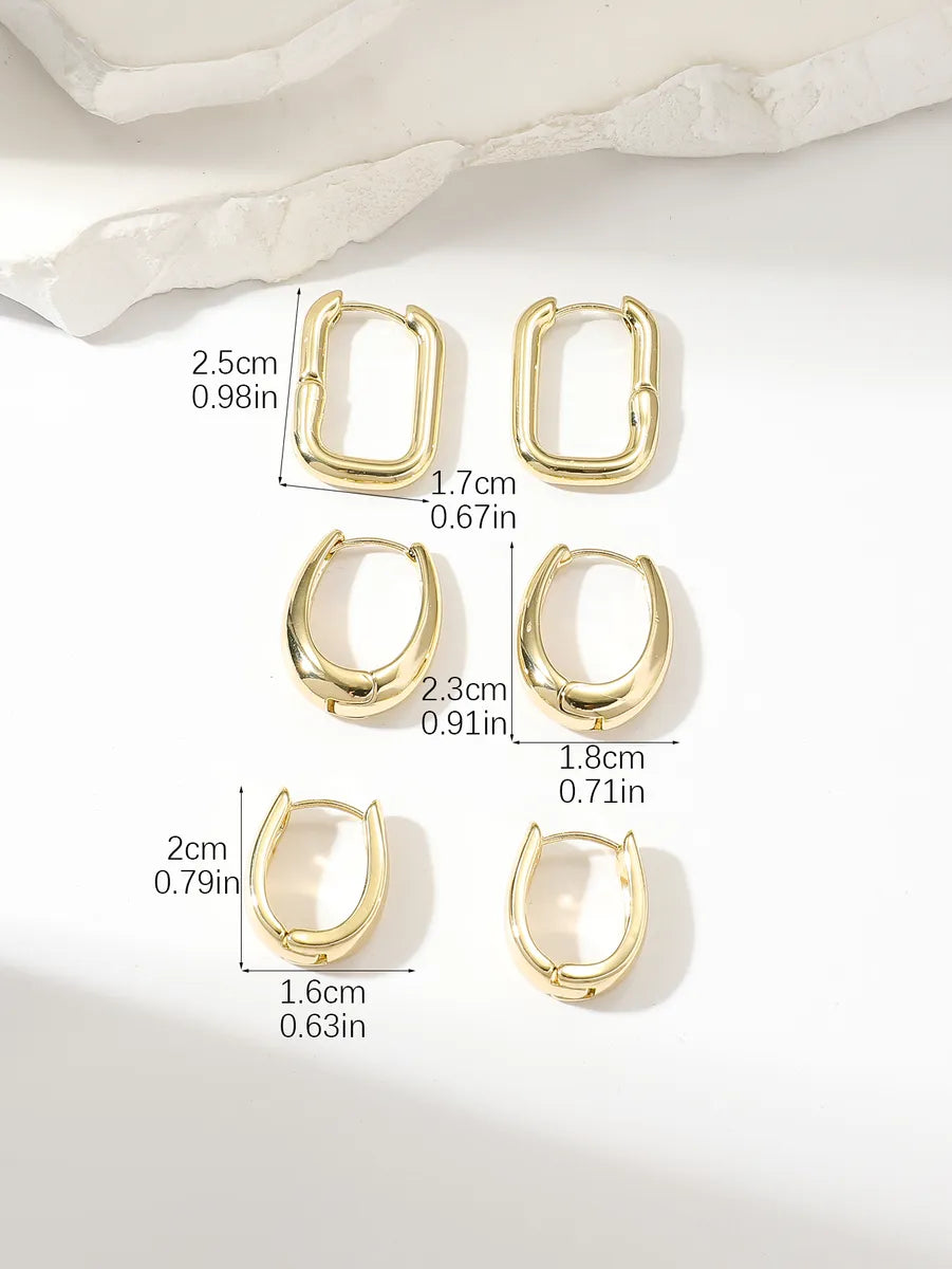 3 Pairs Basic Round Square Plating Copper Gold Plated Hoop Earrings