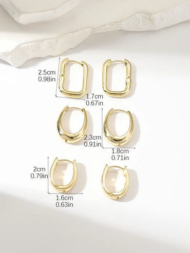 3 Pairs Basic Round Square Plating Copper Gold Plated Hoop Earrings