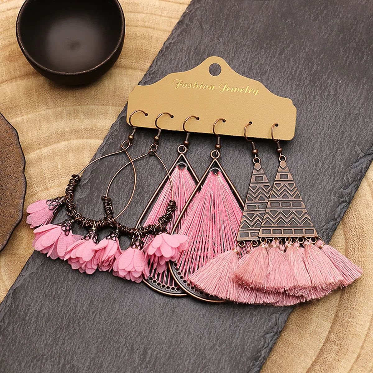 3 Pairs Bohemian Geometric Alloy Tassel Women's Earrings